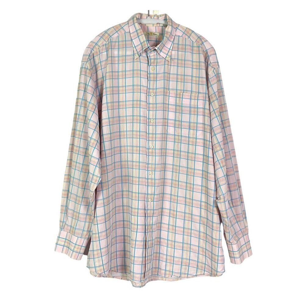 Peter Millar Pink & Blue Plaid Button-Down Cotton Dress Shirt, Men's XL